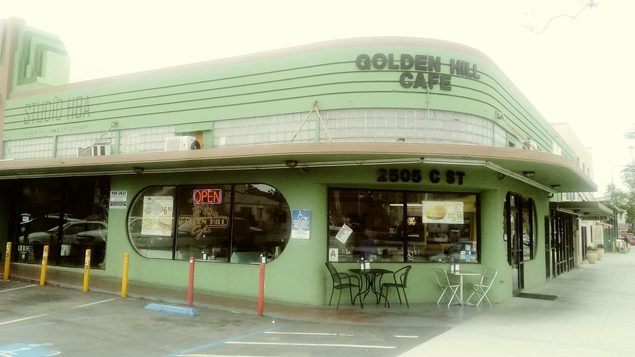 Golden Hill Cafe interior and exterior view in San Diego, showcasing the cozy neighborhood breakfast and lunch spot