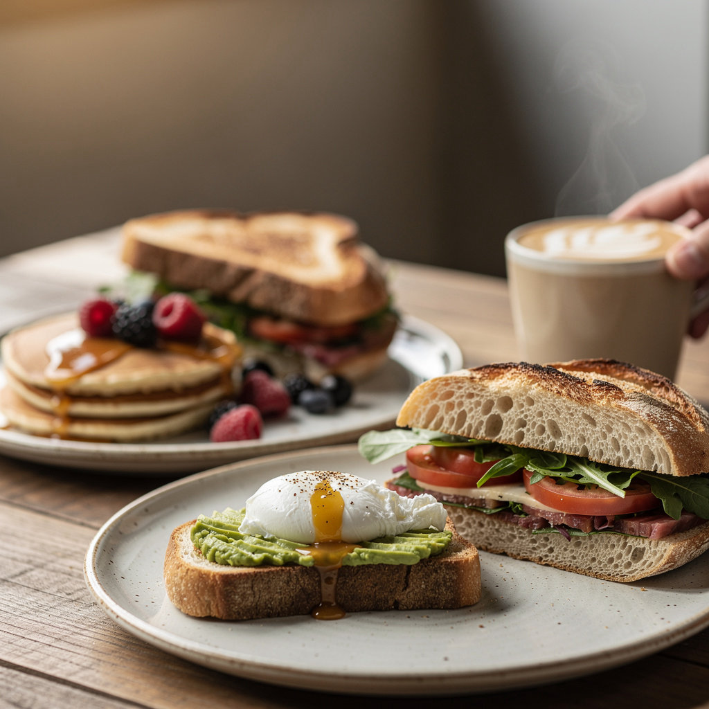 Golden Hill Cafe breakfast and lunch offerings including fresh coffee, pancakes, and sandwiches in a cozy cafe setting